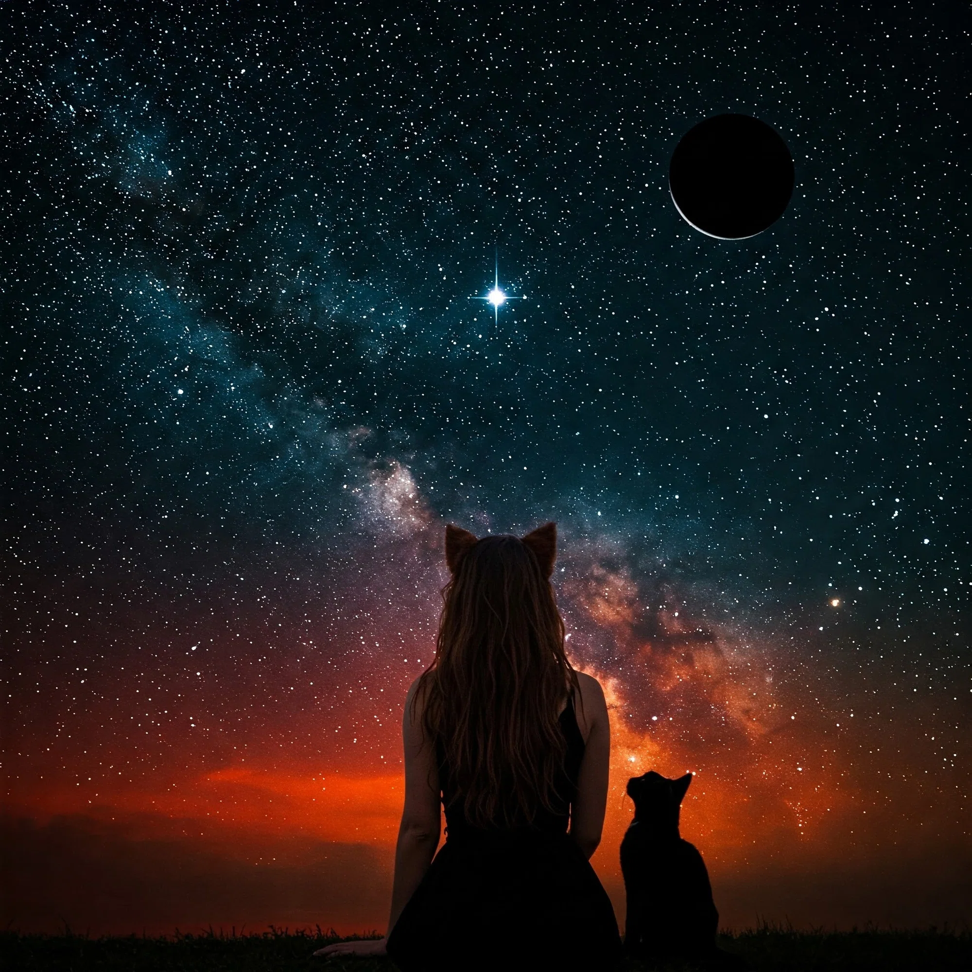 夜空に祈る女性と猫｜