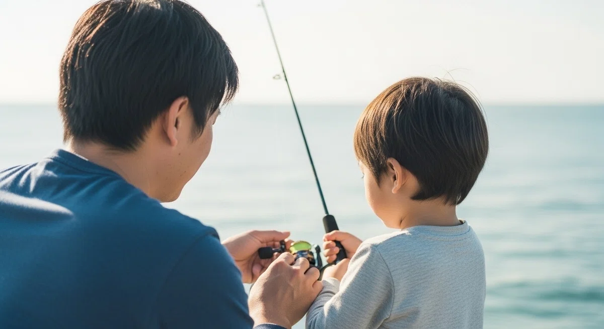 日本人の父親が、子供に釣りを教えている微笑ましい後ろ姿のシーン。