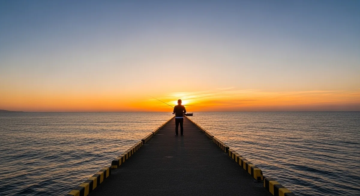 長い堤防の先端に一人で立ち、夕焼けの水平線を眺める釣り人(日本人)の後ろ姿。