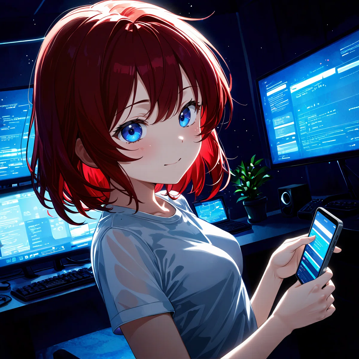 an animated woman with red hair and blue eyes wears a white shirt while holding a smartphone  stands in a dimly lit room filled with computer screens predominantly 