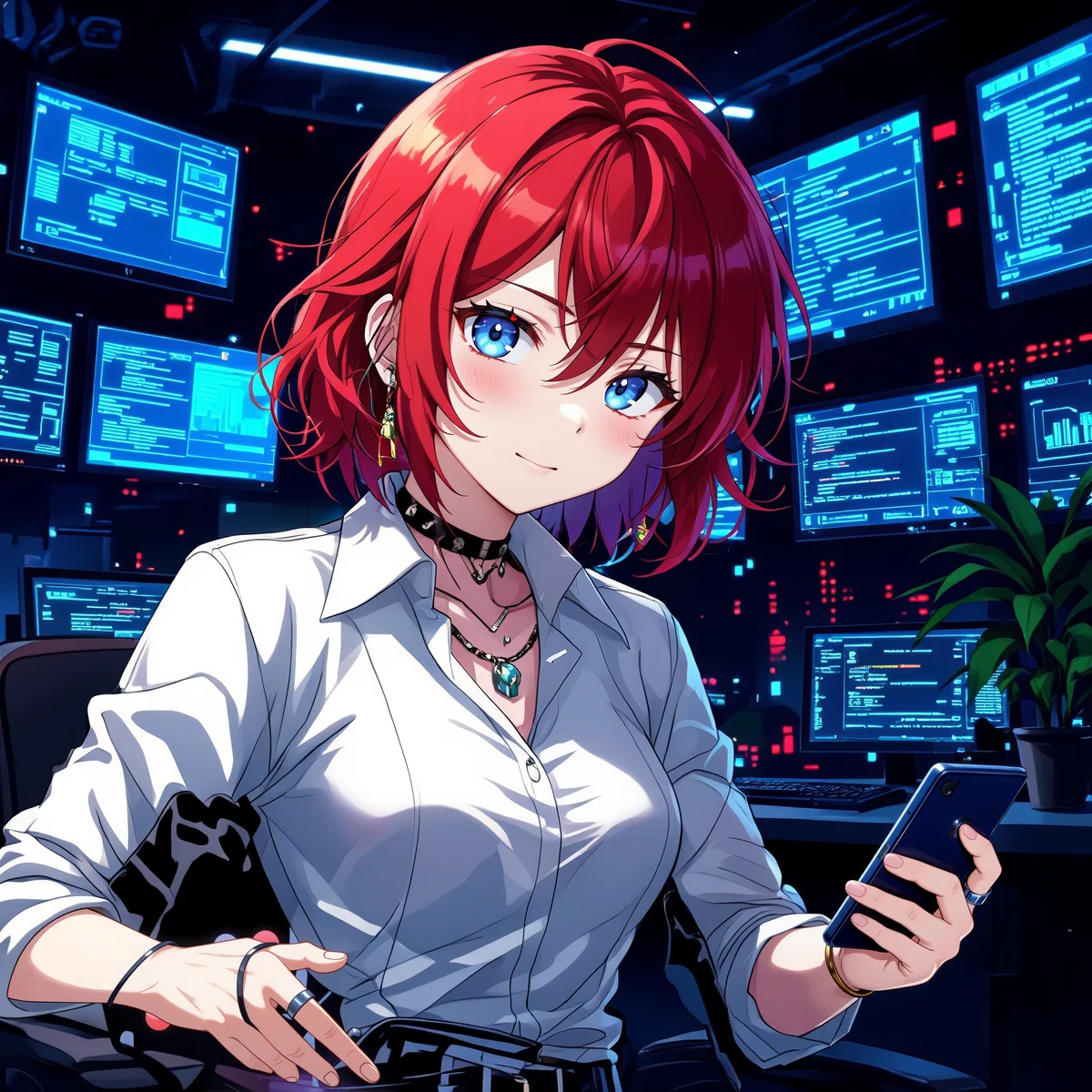 an animated female character with red hair and blue eyes wearing a white shirt with a black choker necklace sits at a desk in a dimly lit room filled with computer monitors holding a smartphone