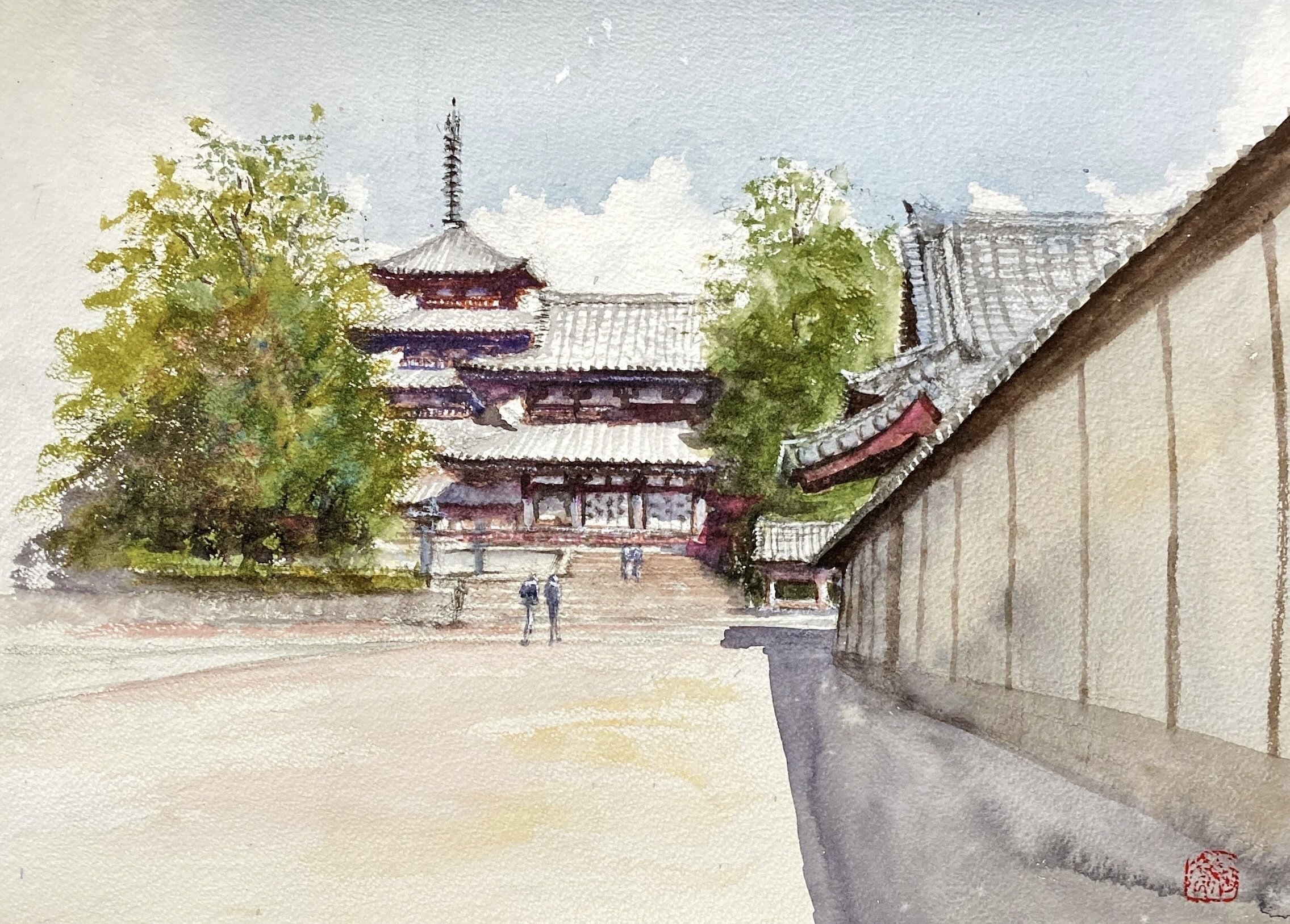 水彩画121】ここからの眺めもいい法隆寺｜tatatotoya