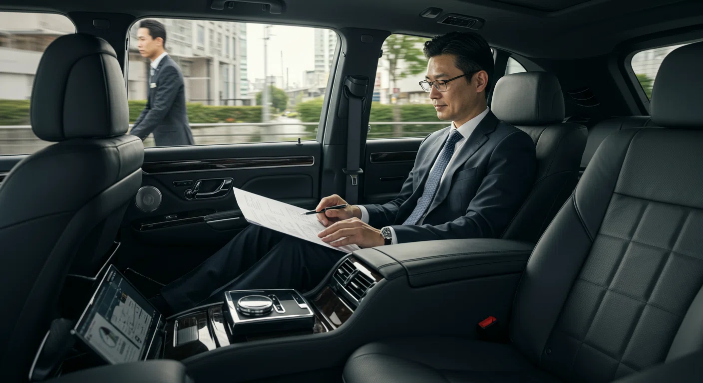 車内で仕事をするビジネスパーソンと運転する専属ドライバー