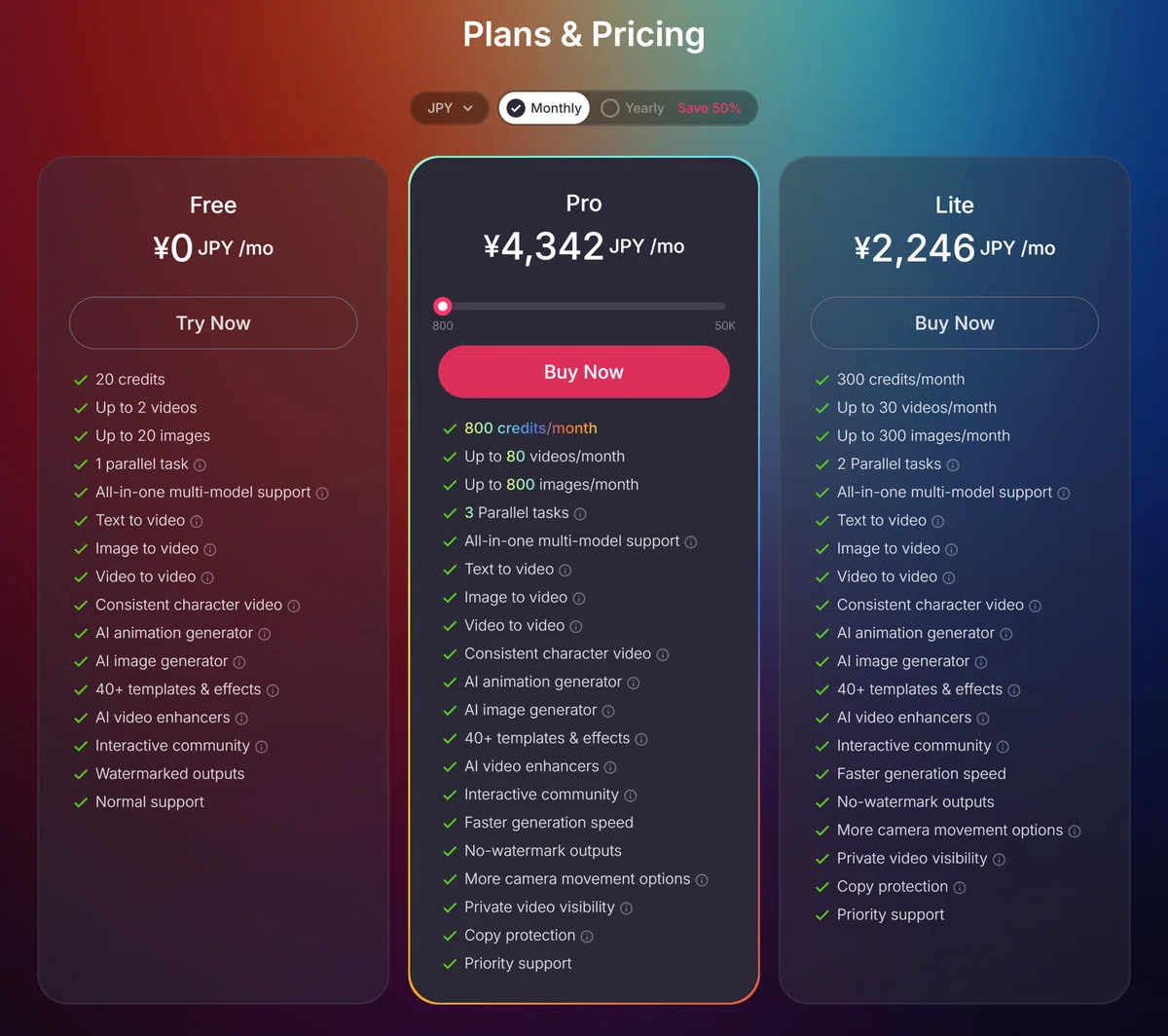Pollo.ai のブラウザ版の料金表のスクリーンショット