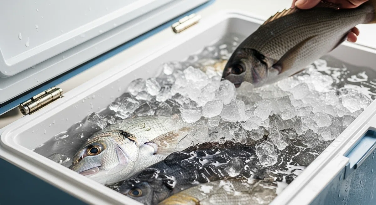 キラキラと輝く氷と海水、そしてその中に丁寧に収められる魚。