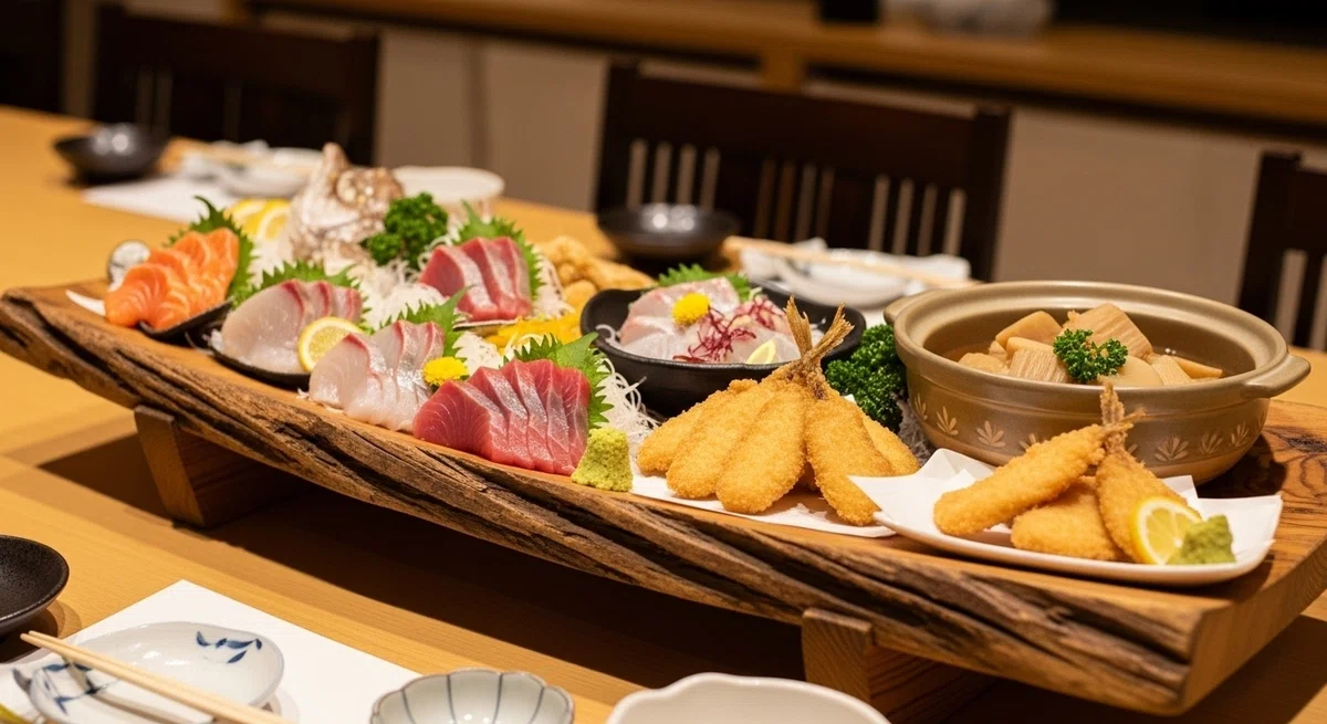 刺身、アジフライ、煮付けなど、記事に登場する料理が豪華な大皿に盛られた「ご馳走」の写真