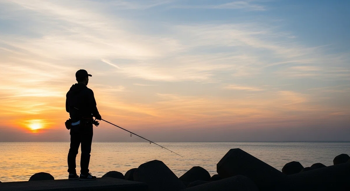 広大な海と美しい夕焼けを前にした釣り人の姿が、記事全体のテーマである「釣りの無限の楽しみ」を象徴
