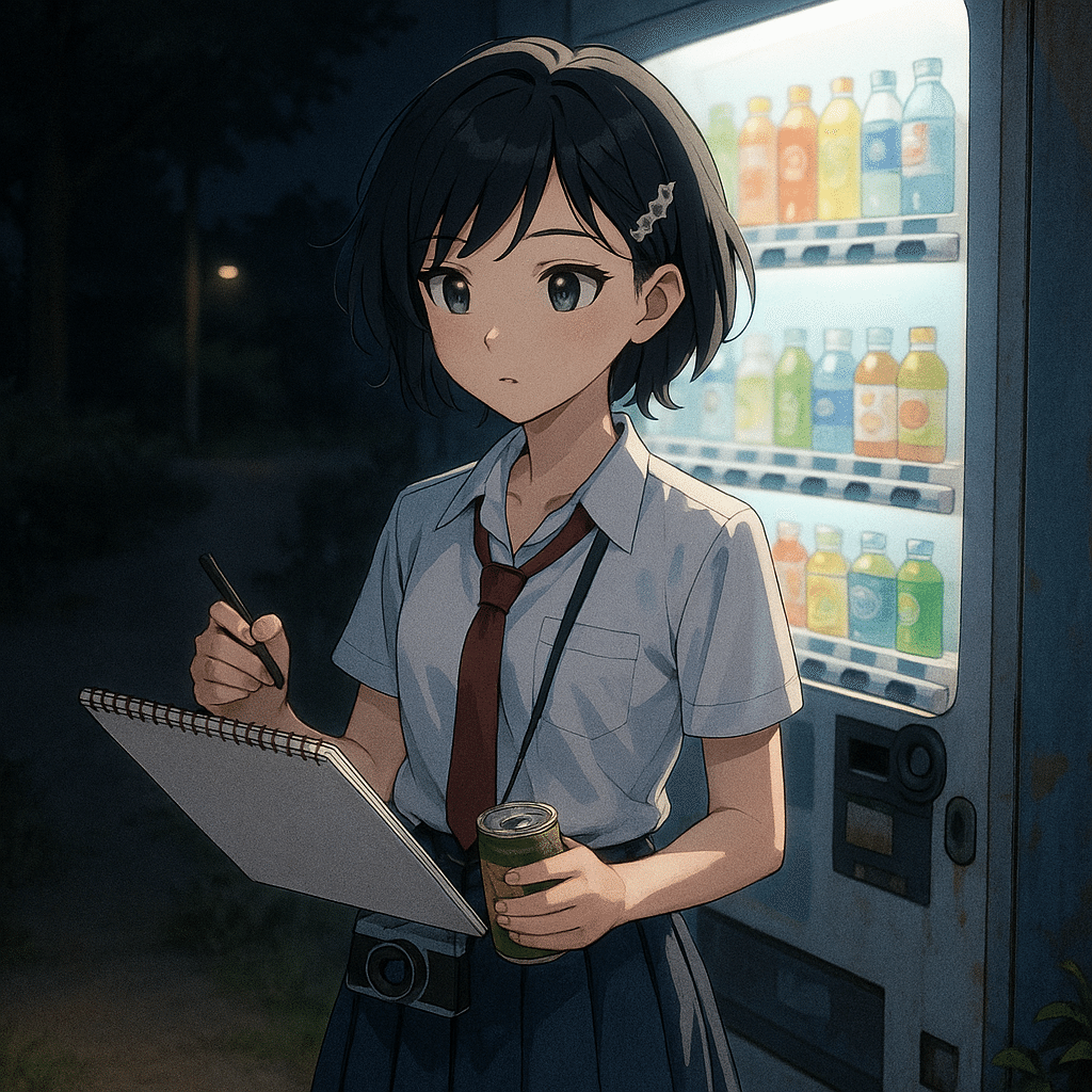 白と青と、自販機の光 −いろは、今日も絵になる冒険を。− （AI