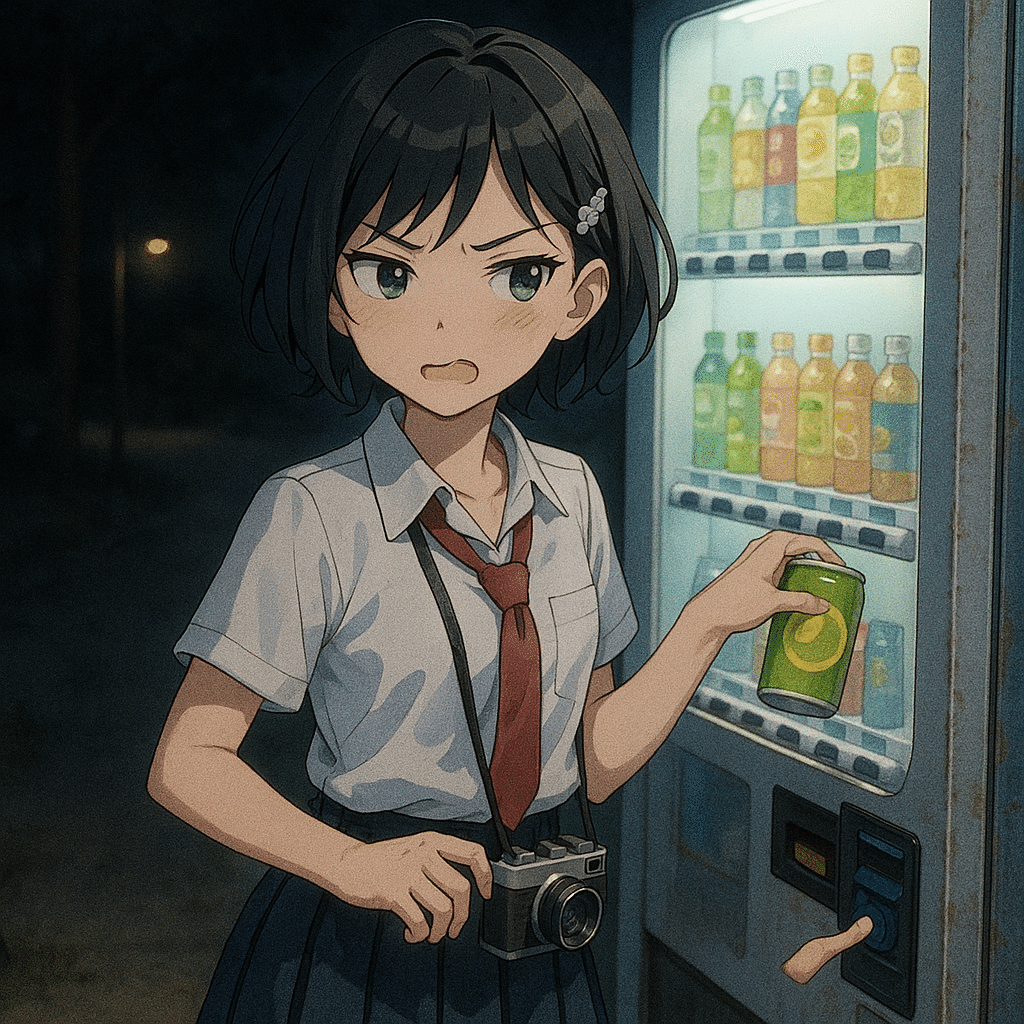 白と青と、自販機の光 −いろは、今日も絵になる冒険を。− （AI