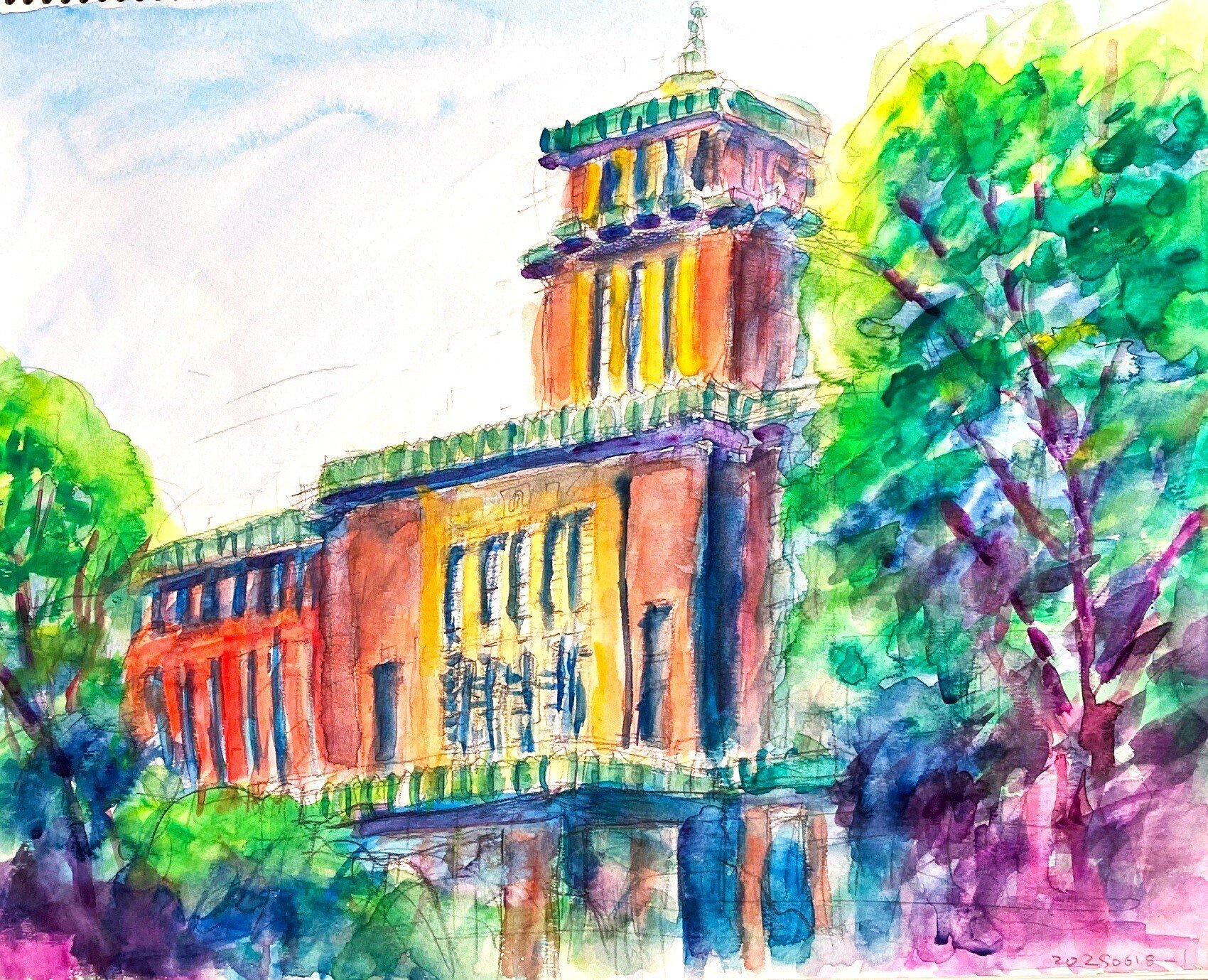 水彩画 ステッチ・刺繍入り水彩画「キミと僕はどこまでもつながっている