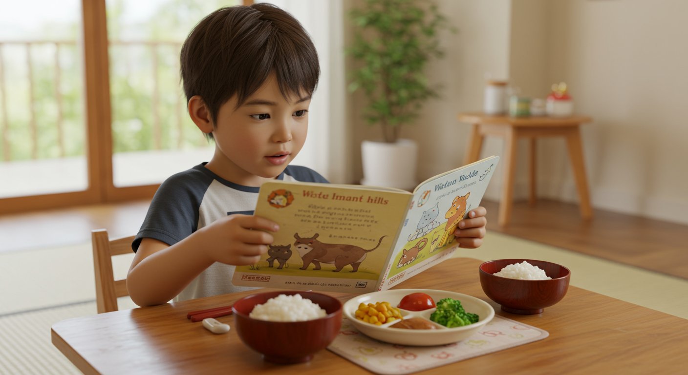 子どもが動物の絵本を読みながら食事をしている様子