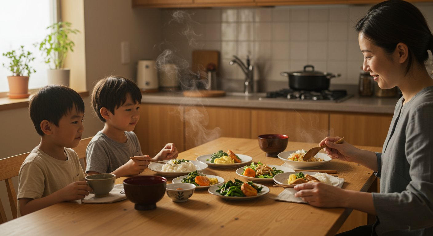 家族で食事の適量を考えて盛り付けている様子