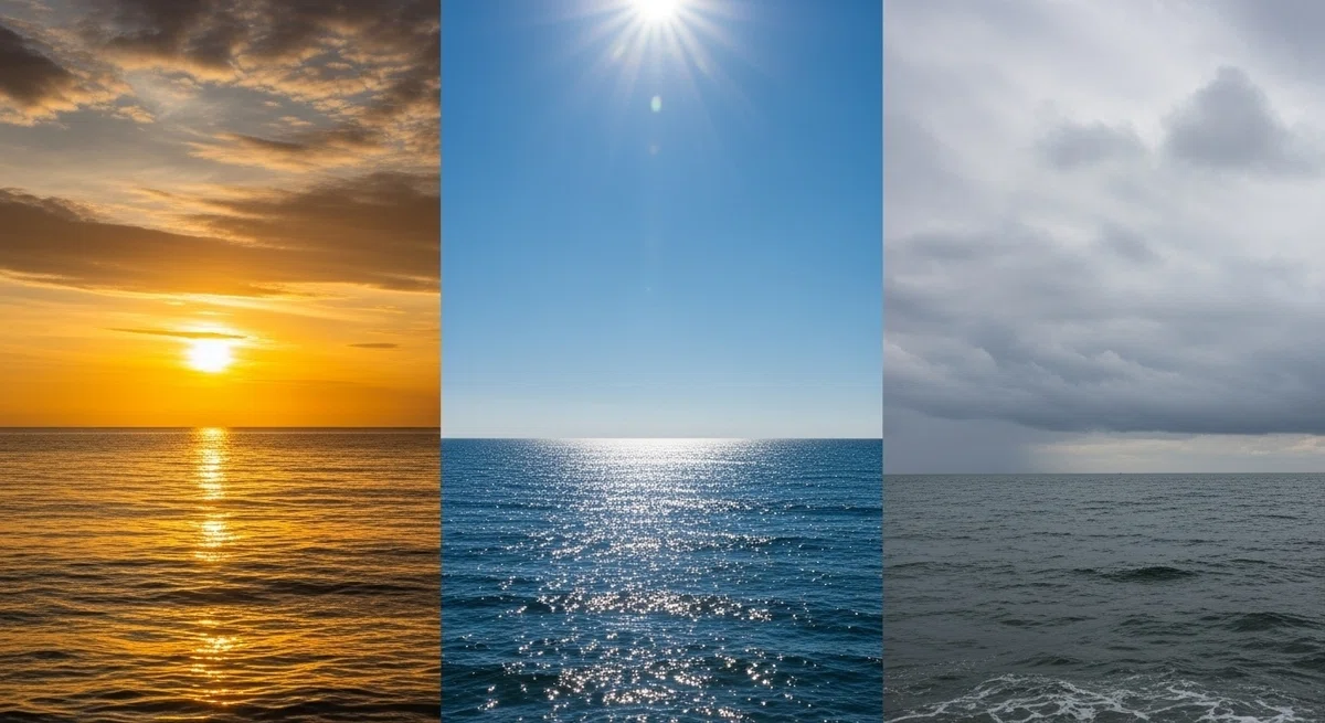 「朝」「昼」「曇り」という3つの異なる時間帯・天候の海の風景を並べた組写真。