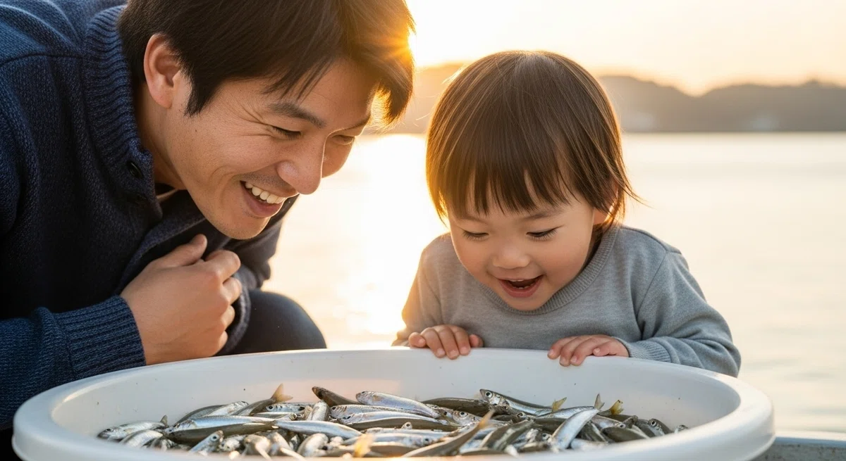 父親と子供が、釣れた魚でいっぱいのバケツを笑顔で覗き込んでいるシーン。