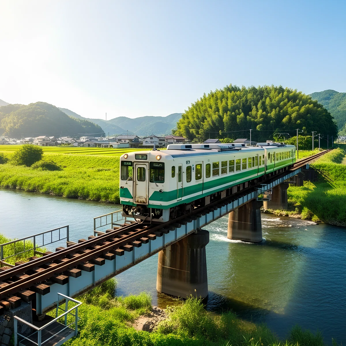 Imagen 4 で生成された日本の田園風景のイラスト。夏の川と鉄橋を渡るローカル線が描かれた、鮮やかでリアルなシーン。