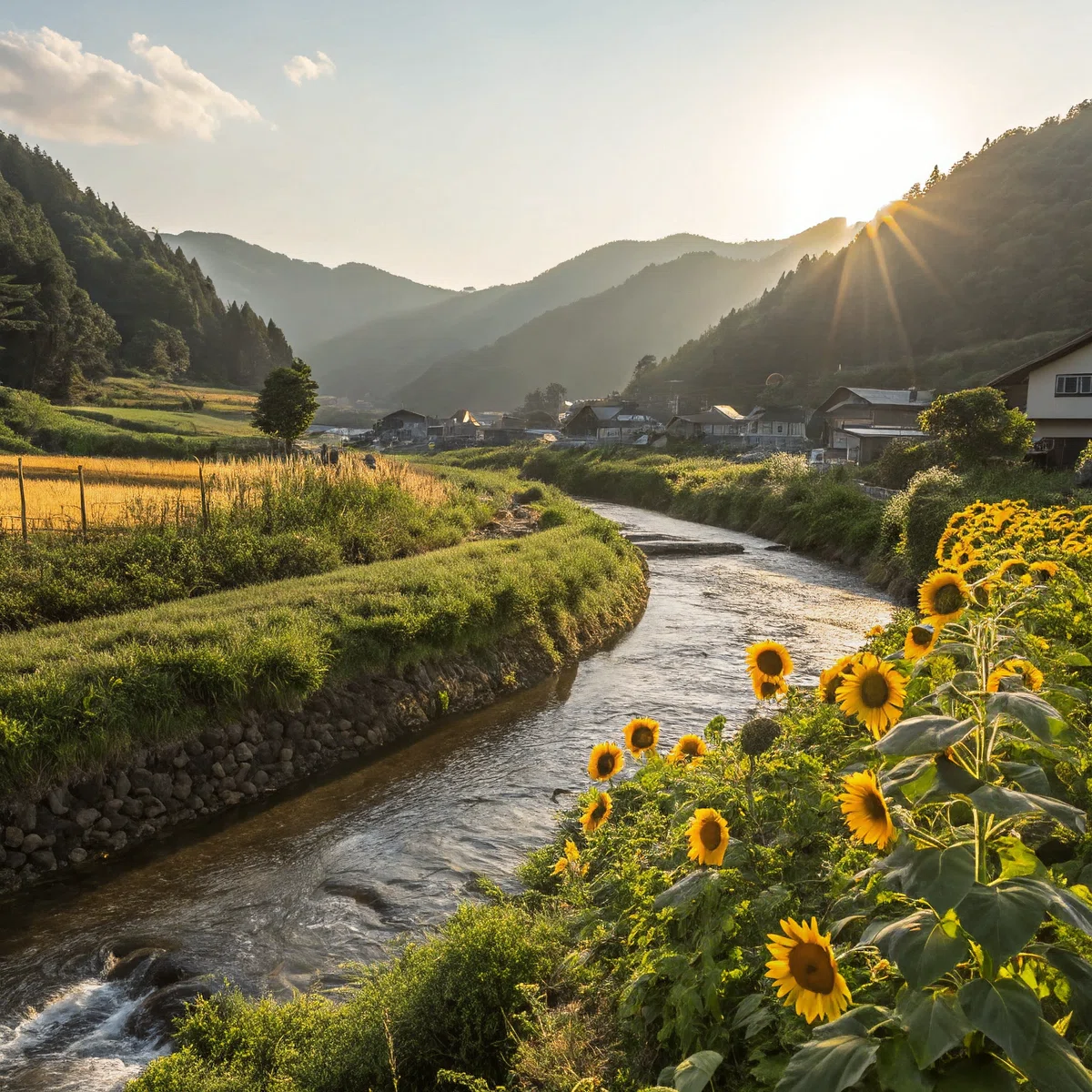 Recraft V3 と Imagen 4 で生成された日本の田園風景のイラスト。夏のひまわり畑と小川が広がる、明るく鮮やかなシーン。