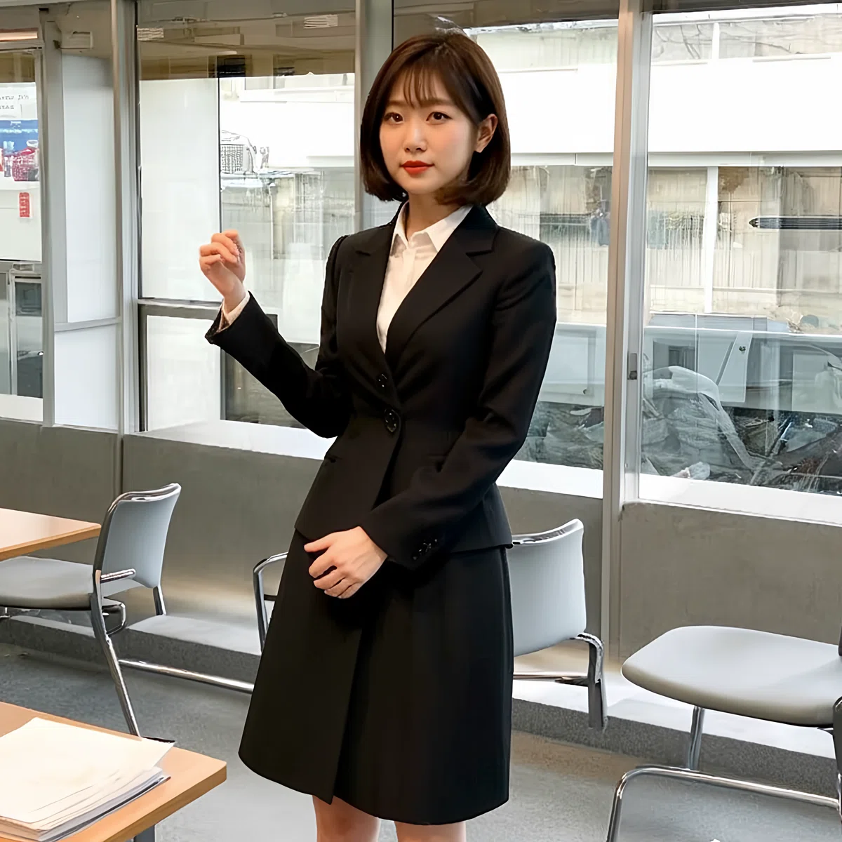Stable Diffusion 3 で生成された日本のビジネスウーマンのイラスト。若い女性がスーツを着てオフィスで書類を持つ、学生のような雰囲気。