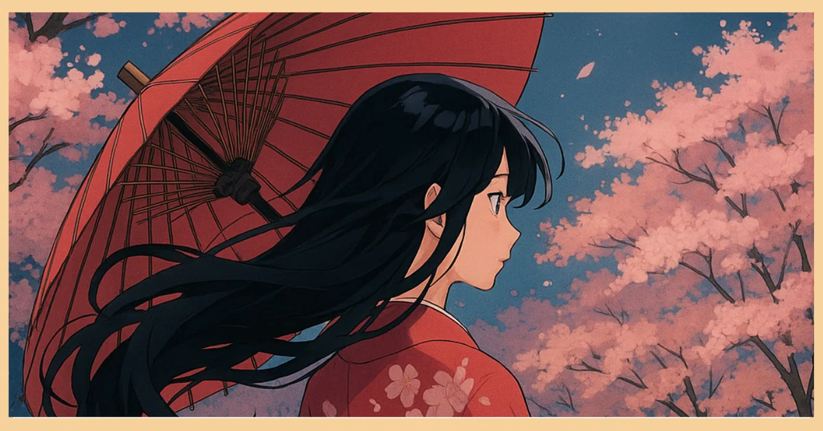 A girl in a red kimono holding a traditional Japanese umbrella walks under cherry blossoms. Her long black hair flows in the wind against a calm blue sky.