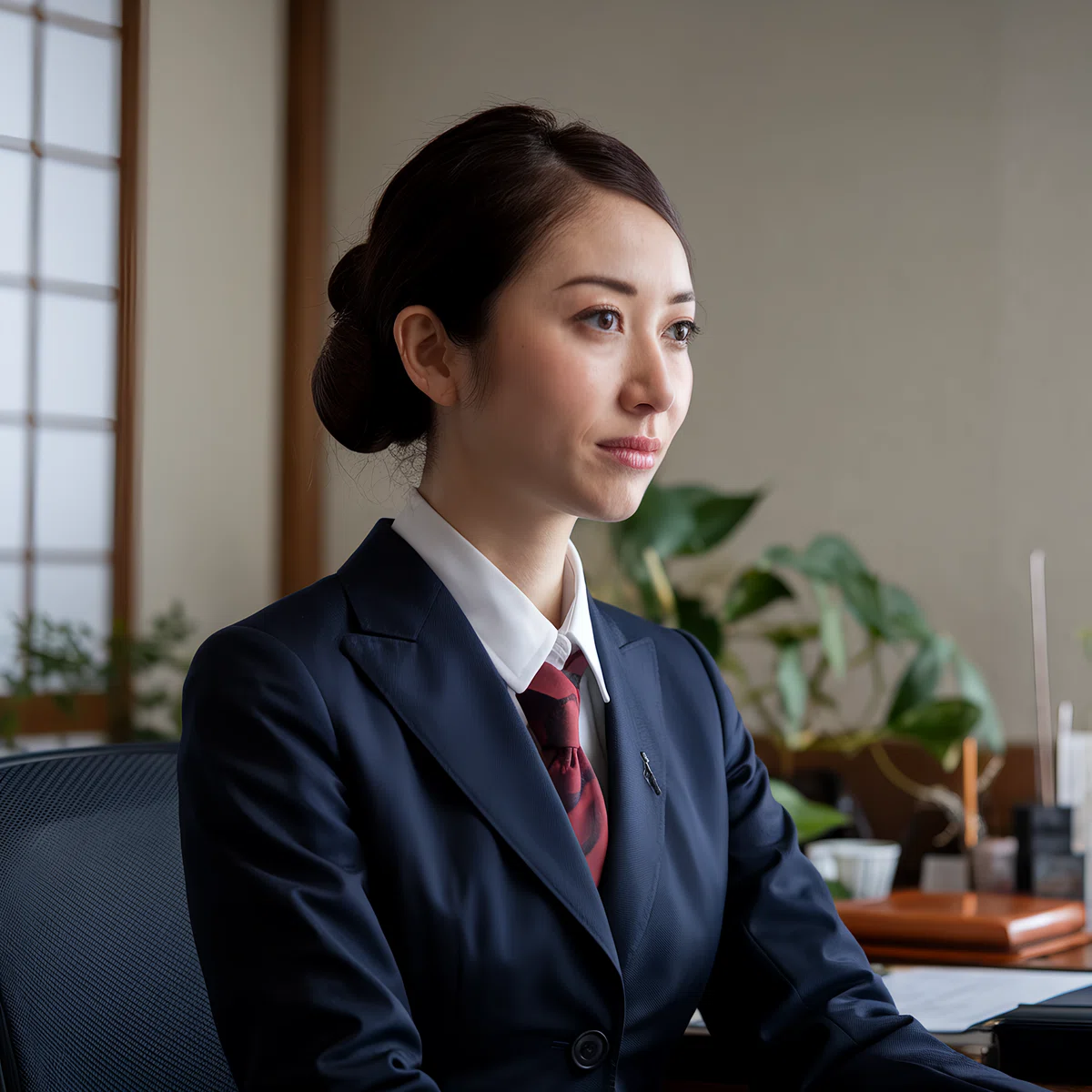 Ideogram V2 Turbo で生成された日本のビジネスウーマンのイラスト。若々しい女性がスーツを着てオフィスで微笑む、学生風のタッチ。