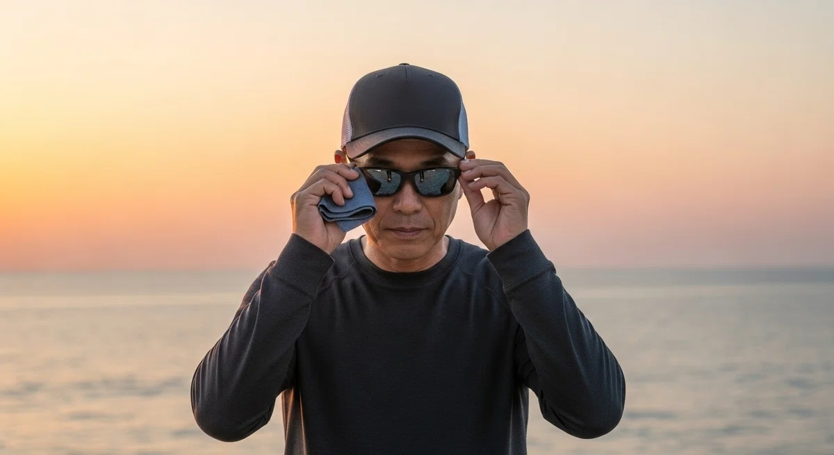 釣りを終えたプロアングラーが、夕日を背に、相棒であるサングラスを丁寧に拭いている姿。