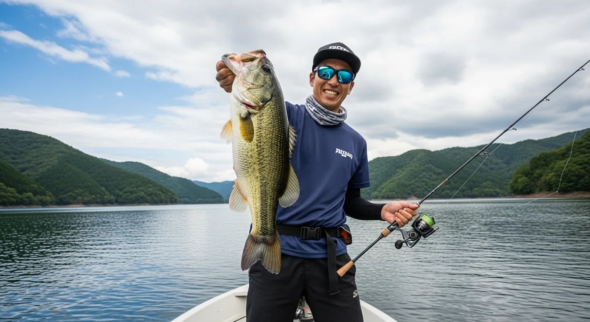 最高の魚を釣り上げ、満面の笑みを浮かべる釣り人の姿。