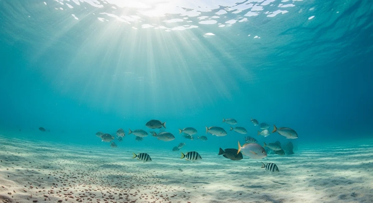 水中から見上げた太陽光が、海底に集まる魚たちを照らす幻想的な光景。