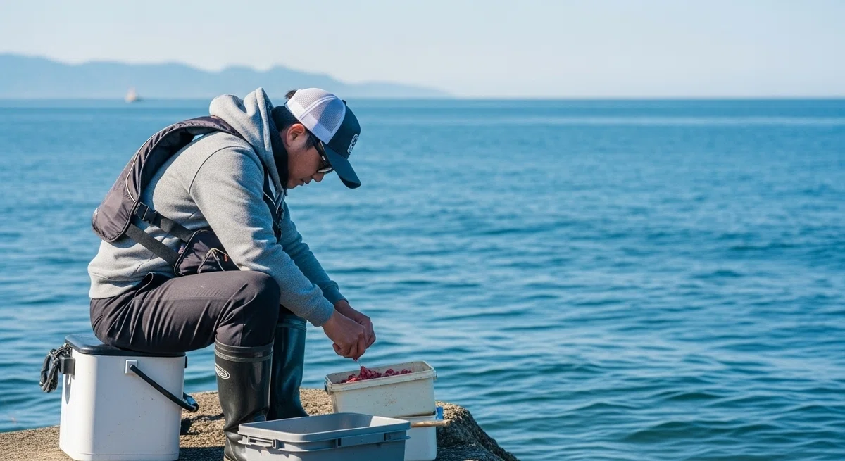 海辺で釣り人がエサを準備している手元と、広がる海の風景。