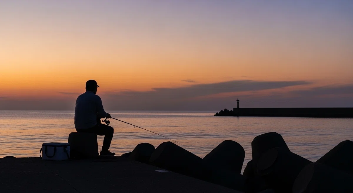 夕暮れの海を前に、静かにアタリを待つ釣り人の後ろ姿
