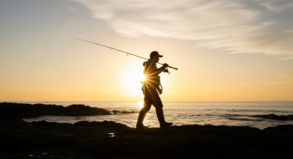 朝日を背に、釣り場へ向かう釣り人の力強い後ろ姿。