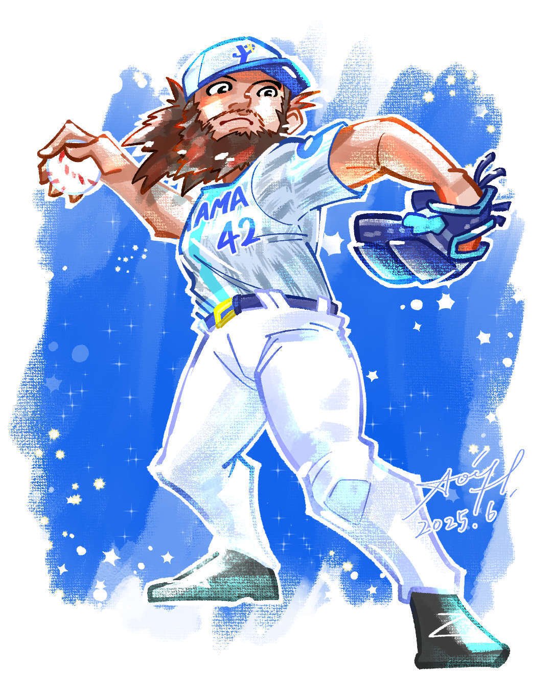 似顔絵オーダー　A3 野球　6名様 似顔絵🌠BAYSTARS アンドレ・ジャクソン 選手｜星塚あおい