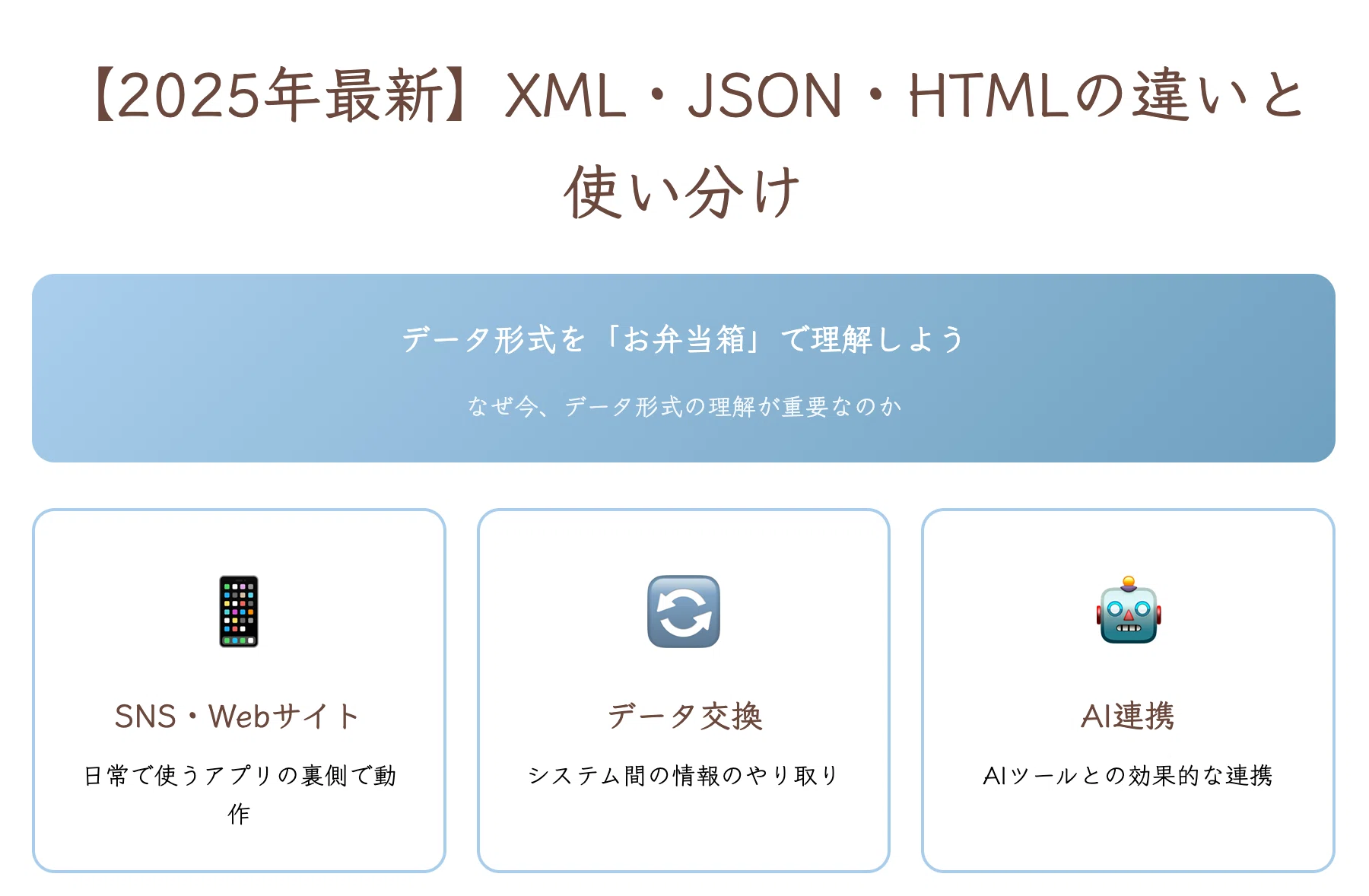 XML・JSON・HTMLの違いを初心者向けに解説｜データ形式の基本と
