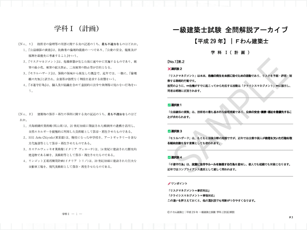 平成29年 一級建築士「学科I（計画）」全20問＋全選択肢の解説