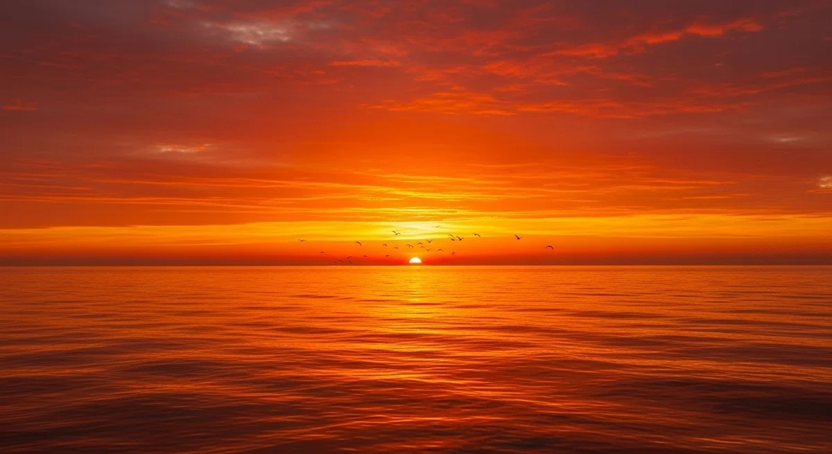 空と海が燃えるようなオレンジ色に染まる、完璧な夕焼けの風景