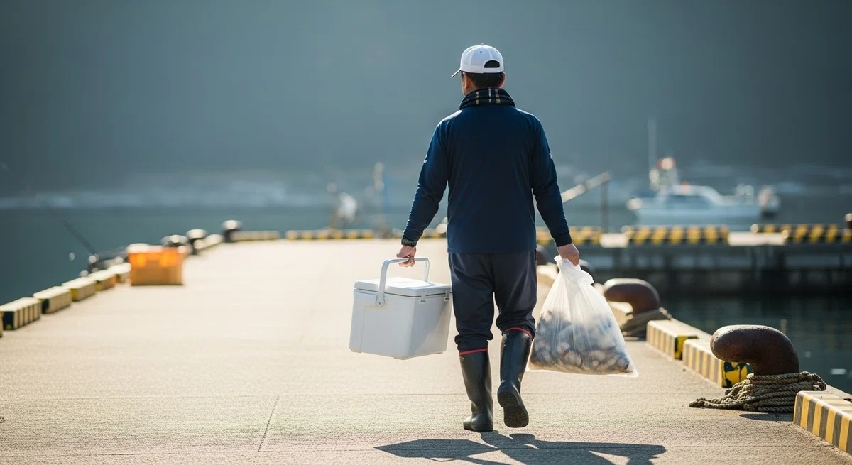 釣り人が、釣果で満たされたクーラーボックスと、集めたゴミ袋を両手に持ち、朝日の中を駐車場へ向かう後ろ姿