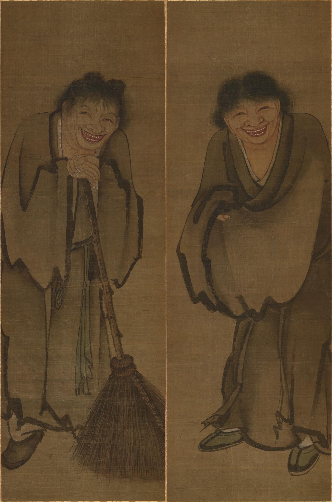 風耕素人画 日本画 寒山詩 画賛 額装 絵画 E 寒山拾得図──こっちが見られてる気がする絵｜ごんべnote