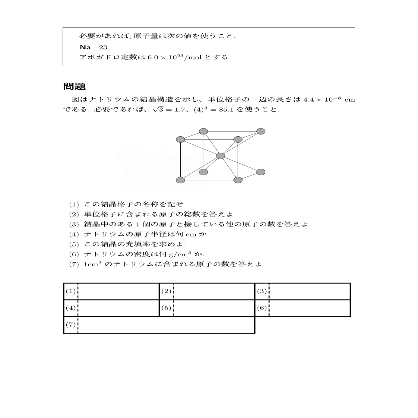 高校化学の問題PDF：体心立方格子①｜カケル｜化学講師