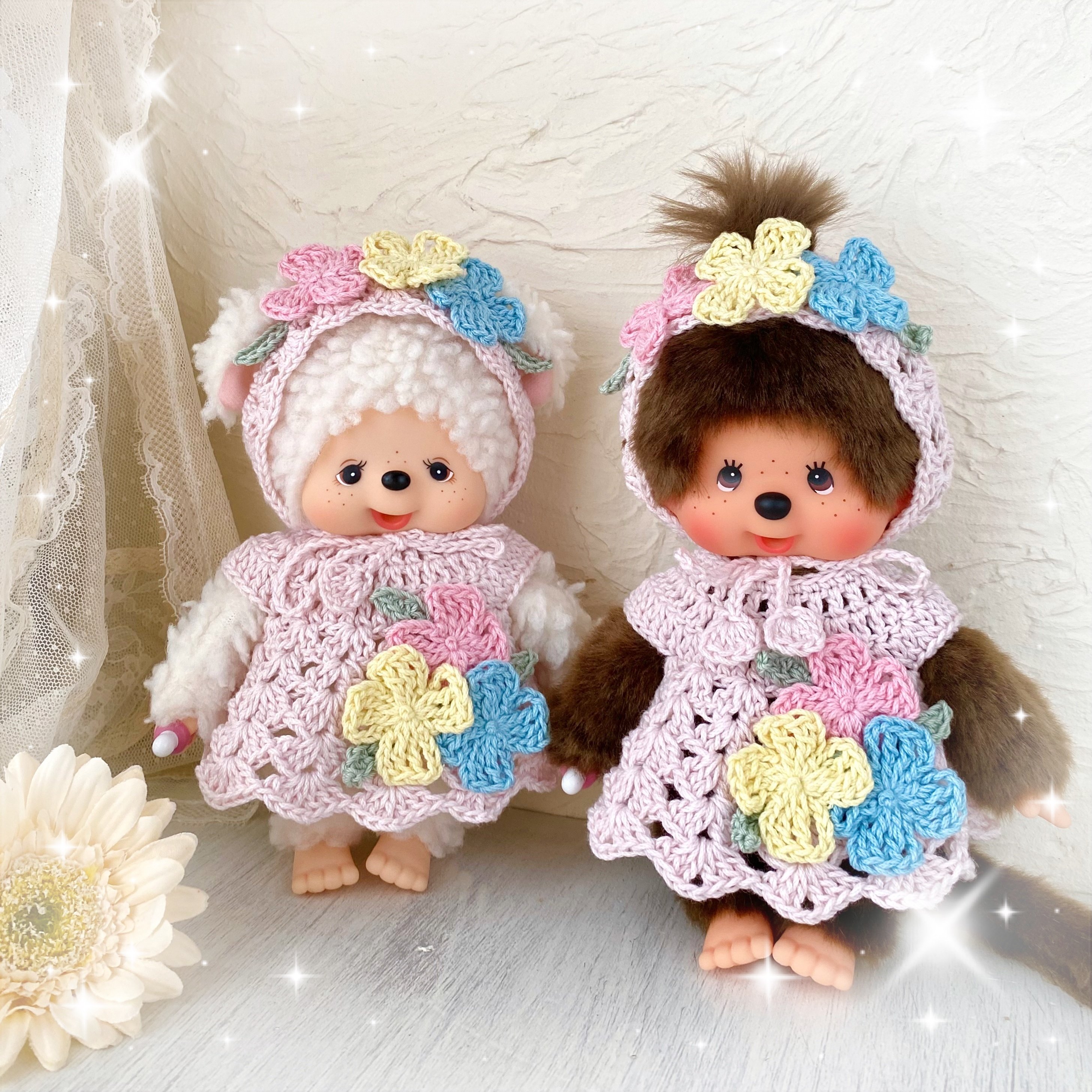 * antique doll ❀ 水色サマーニットの ミニョネットちゃん モンチッチちゃん サマーニットセット🎀🐥🦋｜hoshizuna