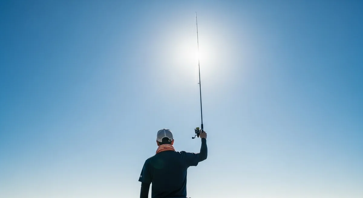 釣り人が完成した仕掛けを手に、満足げに海を眺めるイメージ。
