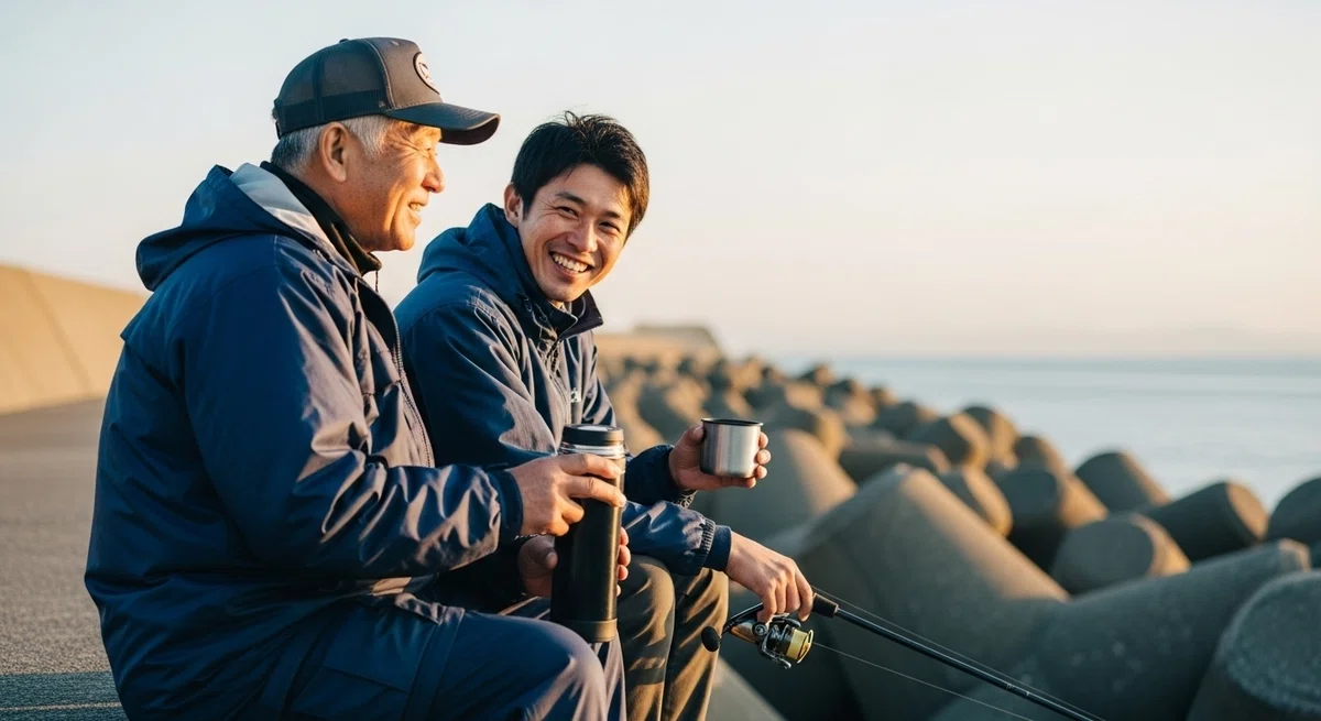 ベテランと若手の釣り人が、釣り場で談笑している温かい雰囲気。