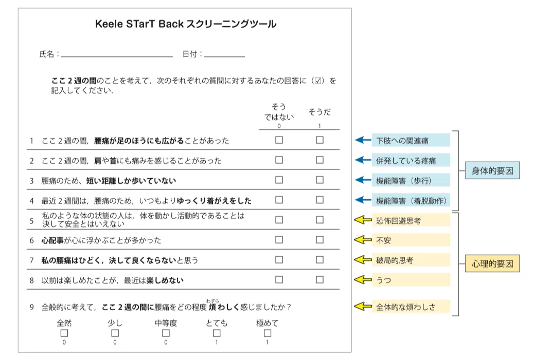 Keele STarT Backスクリーニングツールの質問項目一覧