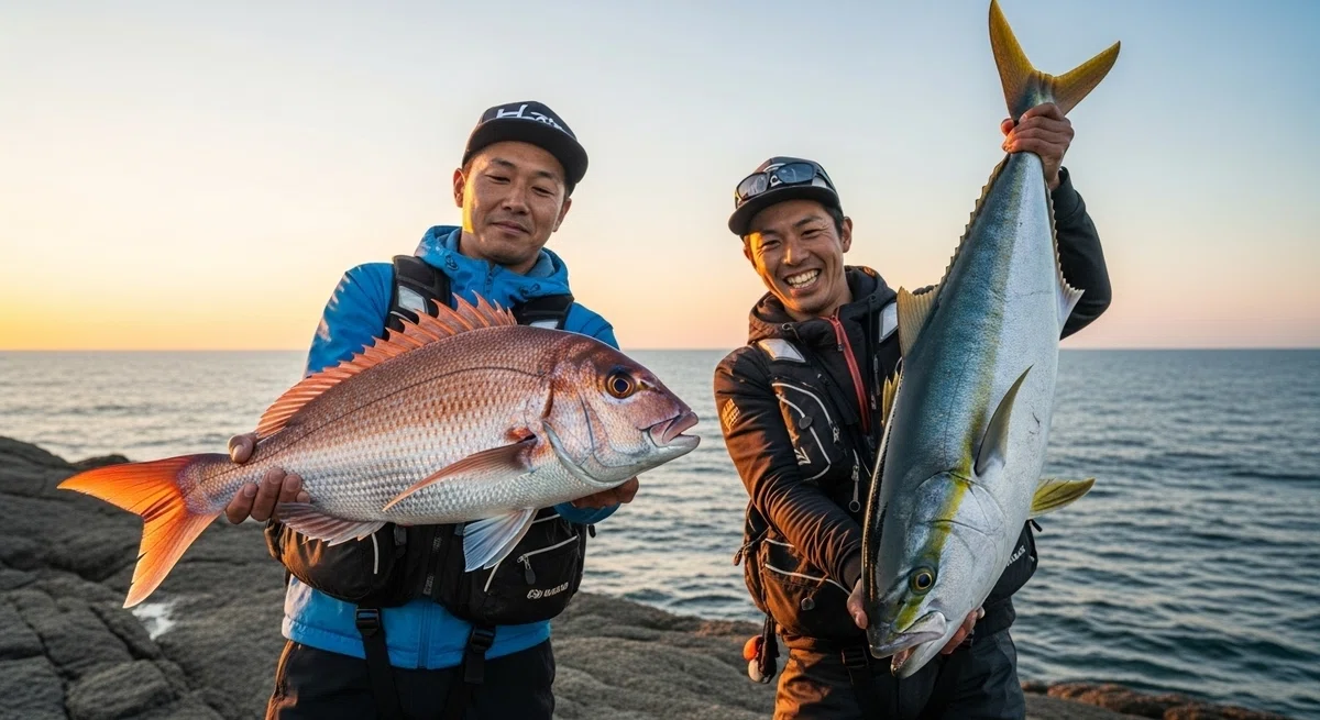 二人の釣り人が、それぞれ対照的な大物を手にし、互いの釣果を称えあう感動的なシーン。