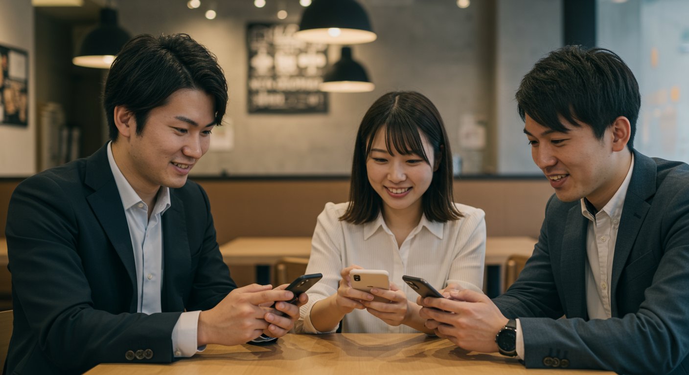 スマートフォンでSNSを見る若者たち