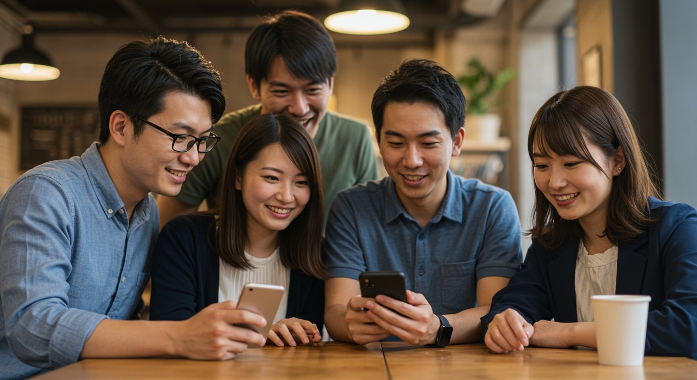 スマートフォンでInstagramを見ながら笑顔で話す若者たち