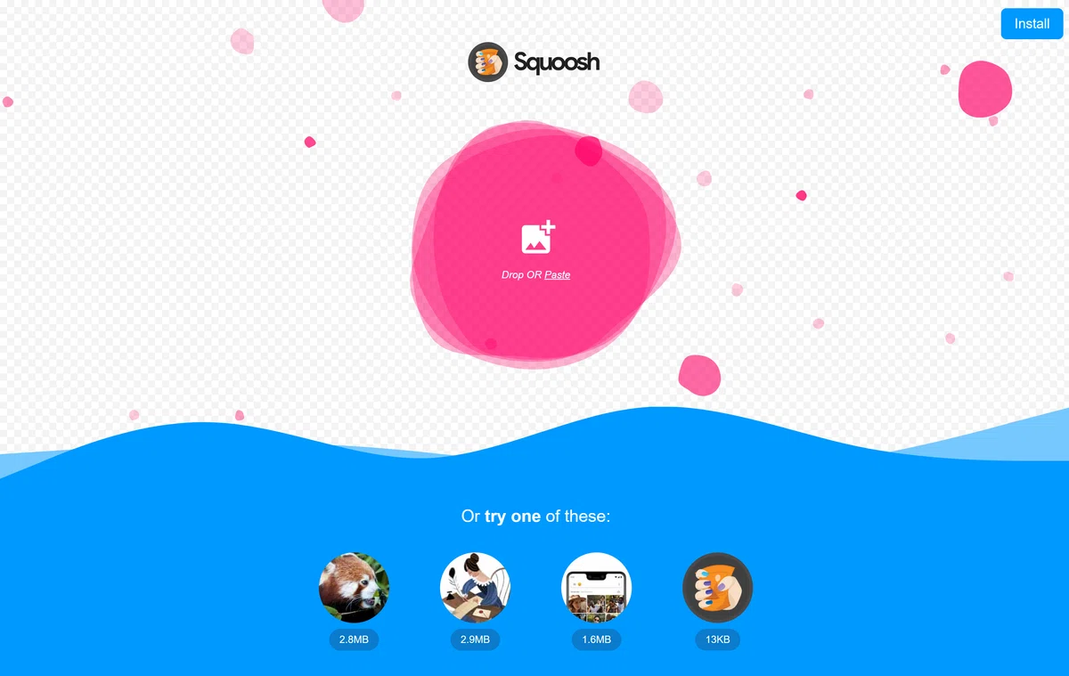 Googleの画像圧縮ツール「Squoosh」の操作画面を示すスクリーンショット。