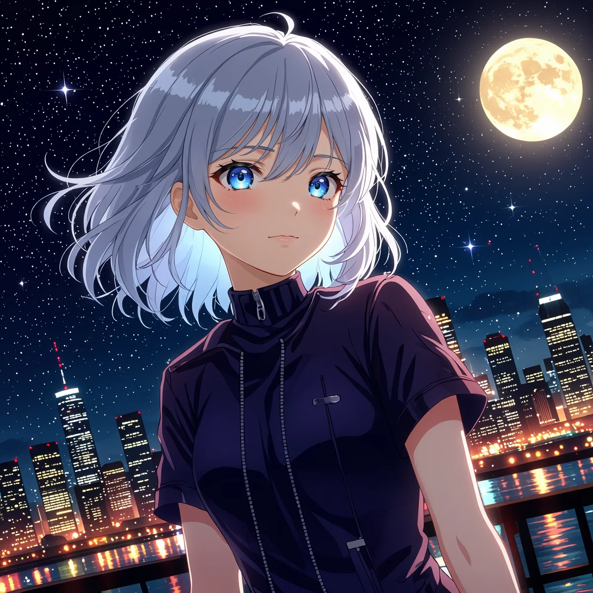 銀髪で青い目のアニメキャラクターが、夜の都市のを背景に、満月と星空に囲まれて立っているイラスト。