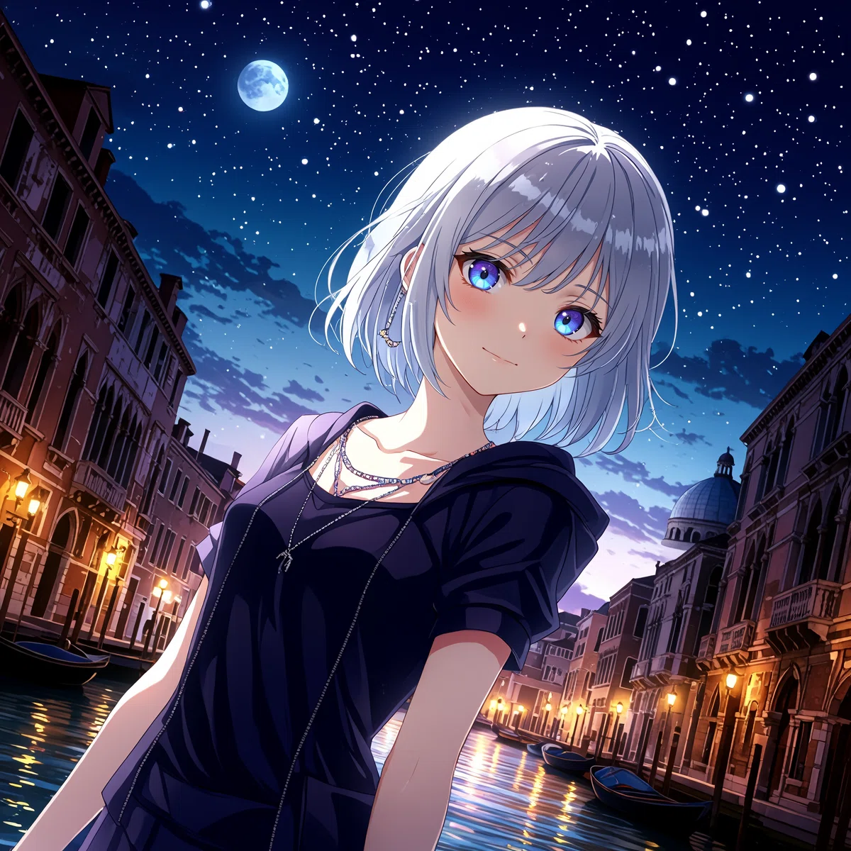銀髪で青い目のアニメキャラクターが、夜の運河と歴史的な建物を背景に、星空と弦月に囲まれて立っているイラスト。