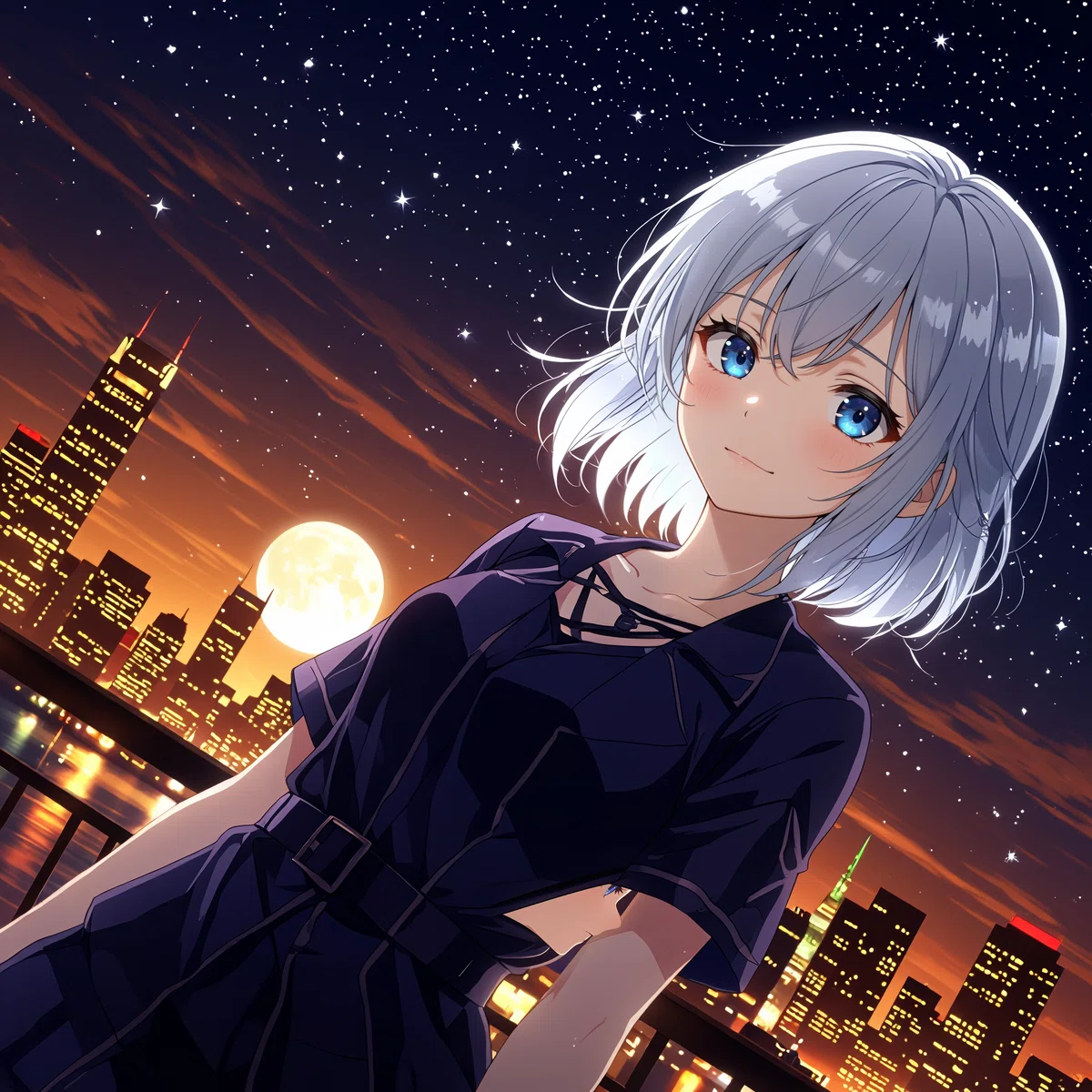 銀髪で青い目のアニメキャラクターが、レースアップの黒い服を着て、夜の都市のスカイラインと大きな月、星空を背景に立っているイラスト。