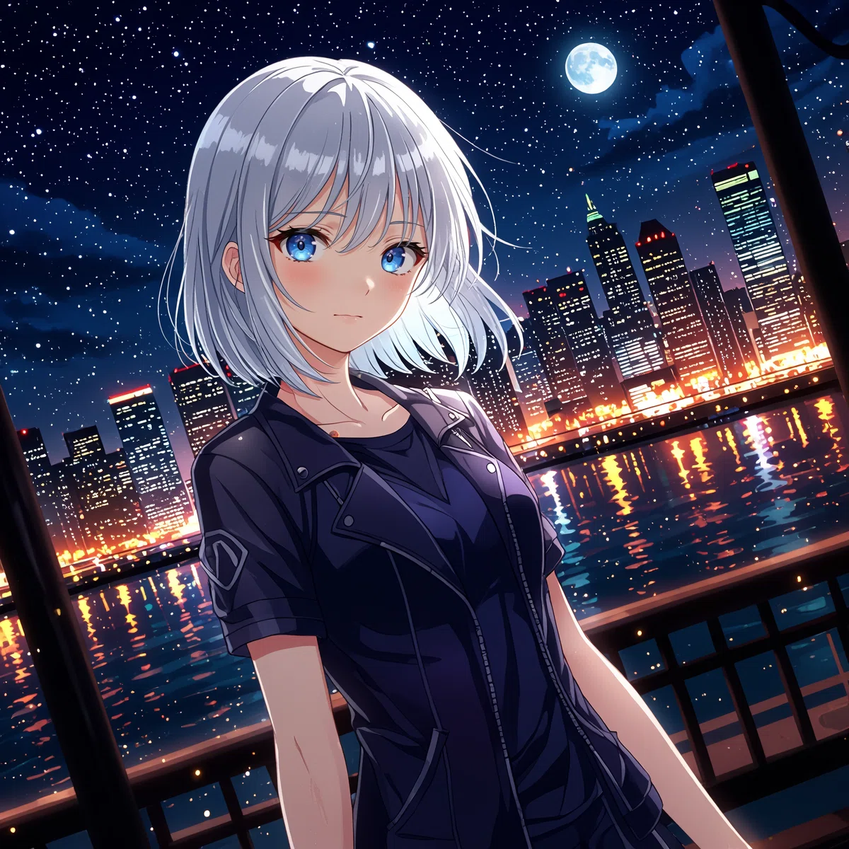 銀髪で青い目のアニメキャラクターが、黒い服を着て、夜のバルコニーからライトアップされた都市と満月、星空を背景に立っているイラスト。