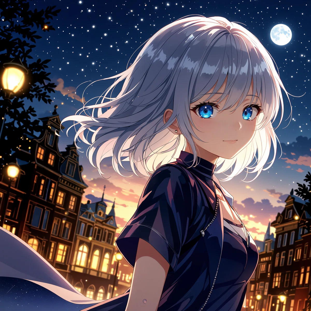 銀髪で青い目のアニメキャラクターが、夜の都市のスカイラインと街灯、木々、星空を背景に立っているイラスト。