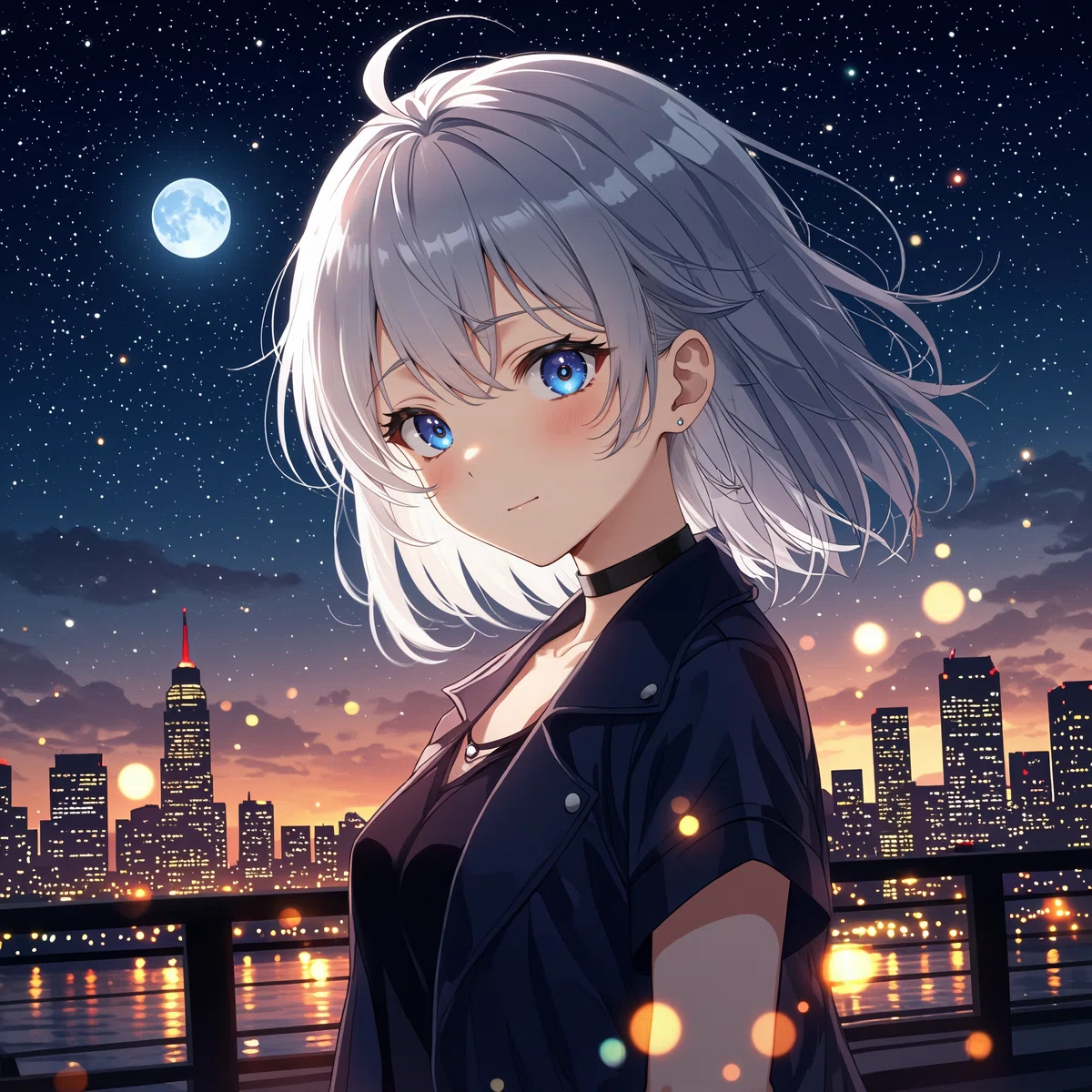 銀髪で青い目のアニメキャラクターが、夜の橋の上で都市の夜景と星空を背景に立っているアニメイラスト。